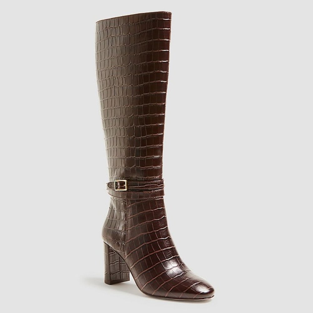 Ann Taylor Isabella Croc Embossed Leather Buckle Tall Boots Dark Brown 545399